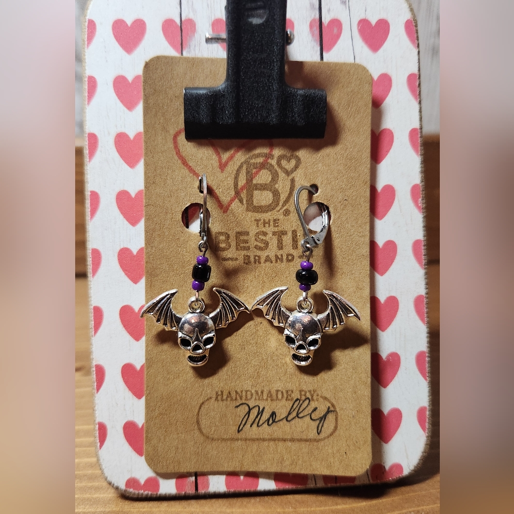 Silver In Color Purple Black Beaded Flying Bat Wing Skull Dangle Drop Earrings